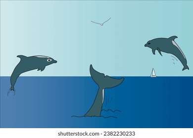 Vector of a seascape, in which two dolphins jump out of the sea, one dives and reveals its tail, with a seagull flying and a sailing boat in the background