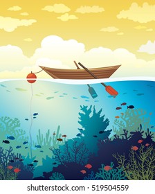 Vector seascape - wooden boat on a sunset sky and underwater marine life with school of fish and coral reef. Summer tropical illustration.