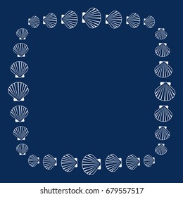 Vector seashell border illustration, dark blue and white marine or oceanic sea shell square frame.