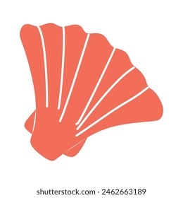 Vector Seashell in Flat design. Red Vector Scallop sea shell. Mollusk Illustration Isolated on White background. Hand drawn Sea Life element, Underwater animal, Oceanic concept Graphic Art Object.