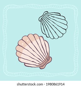 Vector seashell outline and colorful. Beautiful sea element, underwater flora and fauna.  Aquarium, ocean, and undersea water life in hand-drawn or cartoon style.