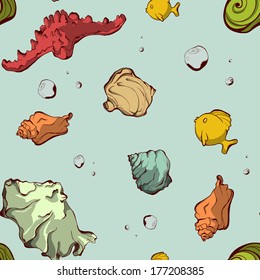 Vector seashell pattern on light green background