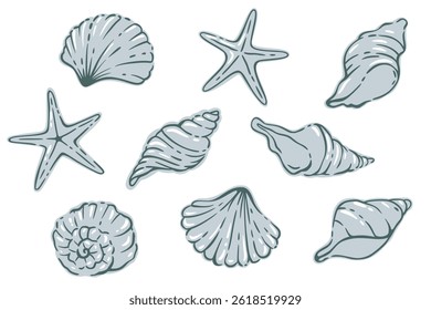 Vetor Seashell e Starfish Set em estilo Vintage Sketch. Elementos oceânicos desenhados à mão para design náutico, ilustração de praia ou decoração de verão retro.