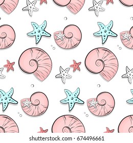 Vector seashell and stars marine pattern. Ocean starfish shell illustration. Tropical water texture.