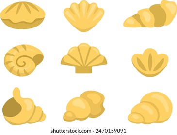 Vector seashells isolated on white background. Yellow sea shells set. Summer, underwater or ocean life clipart. Cute flat aquatic illustration for kids. Vacation beach object or marine accessory
