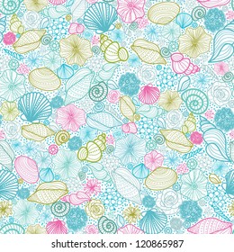 Vector seashells line art seamless pattern background with hand drawn elements.