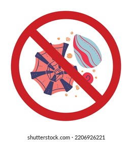 Vector Seashells In The Prohibition Sign. Allergy Danger. Forbidden Sign With Shellfish For Stickers. Do Not Disturb Rare Marine Inhabitants. Conch In Ban