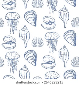 Vector seashells and sea animals seamless pattern. Sea shell icons in blue on white. Sea life background.