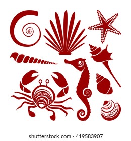 Vector seashells, sea horse, crab and starfish set. Sea animals silhouettes isolated on white background