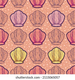 Vector seashells seamless surface pattern design in line art style and solid flat colors. Beautiful shell patterns perfect for summer and any beach theme occasions.