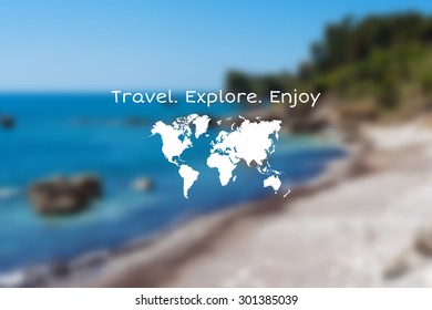 Vector seaside landscape with hipster badge. Outdoor.Vacation, travel, tour blurry backdrop. Blurred. Vector version illustration