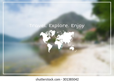 Vector seaside landscape with hipster badge. Outdoor.Vacation, travel, tour blurry backdrop. Blurred. Vector version illustration