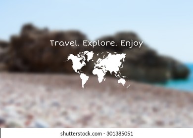 Vector seaside landscape with hipster badge. Outdoor.Vacation, travel, tour blurry backdrop. Blurred. Vector version illustration