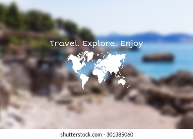 Vector seaside landscape with hipster badge. Outdoor.Vacation, travel, tour blurry backdrop. Blurred. Vector version illustration