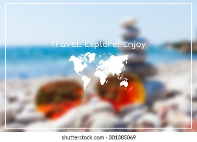 Vector seaside landscape with hipster badge. Outdoor.Vacation, travel, tour blurry backdrop. Blurred. Vector version illustration