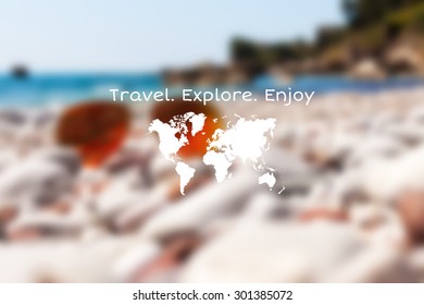 Vector seaside landscape with hipster badge. Outdoor.Vacation, travel, tour blurry backdrop. Blurred. Vector version illustration