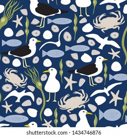 Vector Seaside Scatter Pattern seamless pattern background. Perfect for fabric, scrapbooking, wallpaper projects.