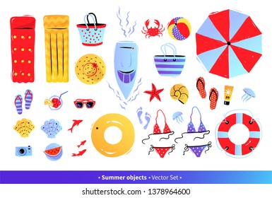 Vector seaside top view illustrations set with summer accessories on white background.