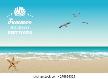 Vector seaside view poster with tropical beach, sea-gulls and lettering