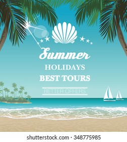 Vector seaside view poster with tropical beach, palms and lettering
