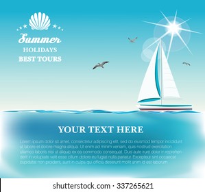 Vector seaside view poster with yacht and lettering