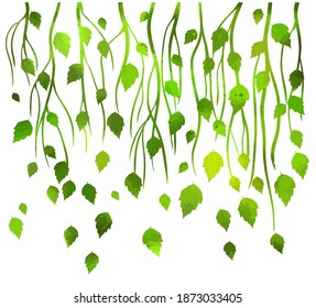 Vector season background with tree branches, green leaves, decorative Birch branches. Vector illustration
