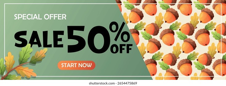 Banner sazonal vetorial com padrão perfeito de bolotas e folhas de carvalho colorido. Inclui texto de venda para promoções de outono ou da escola
