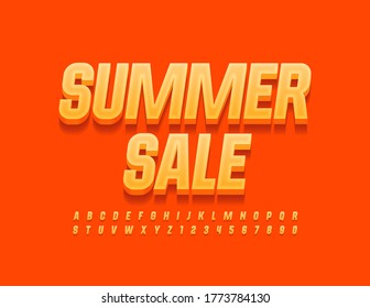 Banner vectorial de temporada Summer Sale. Fuente naranja brillante. Juego de letras y números de alfabeto 3D