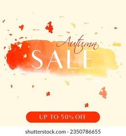 Vector seasonal banner with yellow and red watercolor strokes, autumn sale poster. Discount up to 50%.
