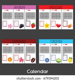 vector seasonal blank calendar, January to December. illustration of blank template calendar with seasonal objects for companies and graphic designers. Monthly and seasonal blank calendar.