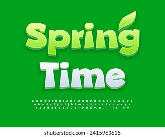 Vector seasonal card Spring Time with cute Font. Playful set of White Alphabet Letters, Numbers and Symbols.