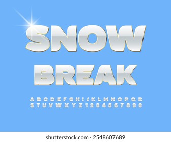 Vector seasonal flyer Snow Break. Luxury Alphabet Letters and Numbers set. White and Gold cool Font.