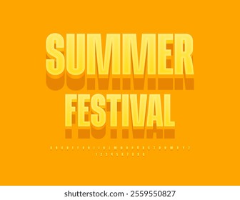 Vector seasonal flyer Summer Festival. Sunny Yellow Font. Elegant 3D Alphabet Letters and Numbers set	