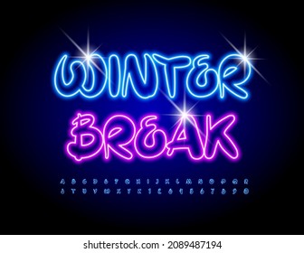 Vector seasonal flyer Winter Break. Artistic Neon Font. Blue Illuminated Alphabet Letters and Numbers set