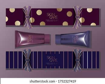 Vector Seasonal Gift Cracker Box Packaging With Grosgrain Ribbon. Blue & Purple, Stripe & Spot Pattern. Metallic Hand Cream Tube.