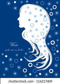 vector seasonal greeting card, pretty girl face in silhouette with winter elements and place for your text isolated on dark blue background