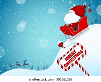Vector seasonal holiday illustration for winter and Christmas.
Santa Claus riding a sleigh led by flying reindeers, 
