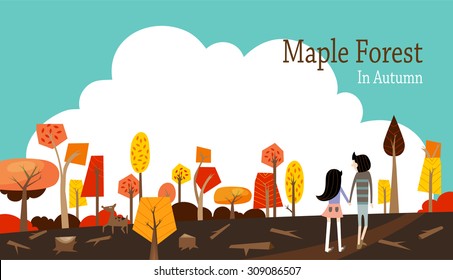 
Vector seasonal illustration of a couple enjoying autumn forests. 
Orange, yellow and red colored maple trees and blue sky on the background.

