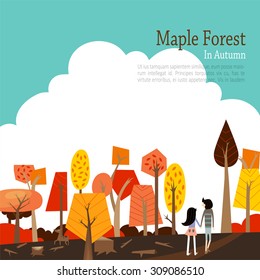 
Vector seasonal illustration of a couple enjoying autumn forests. 
Orange, yellow and red colored maple trees and blue sky on the square background.
