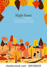 Vector seasonal illustration of a couple enjoying autumn forests. 
Orange, yellow and red colored maple trees on the edge of the frame and blue sky background