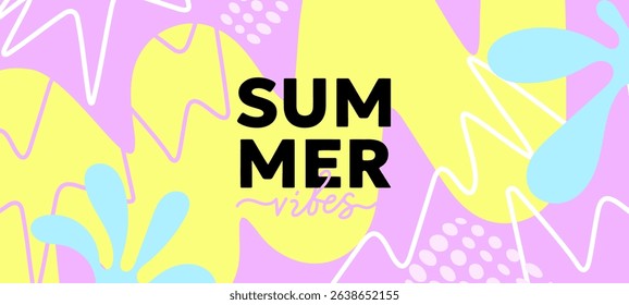 Vector seasonal illustration. Flat creative cartoon retro style design of summer template with tropical leaf and line. Geometric background with abstract shape and summer text for party banner, poster