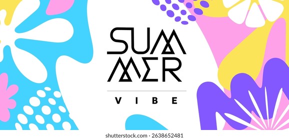 Vector seasonal illustration. Flat creative cartoon style design of summer template with tropical flower and leaves. Summer geometric background with abstract shape and text for party banner, poster