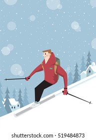 Vector seasonal illustration of a man who enjoys skiing in winter
