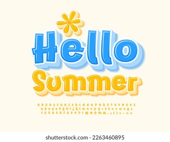 Vector seasonal poster Hello Summer with decorative element. Sunny yellow Font. Playful Alphabet Letters, Numbers and Symbols set