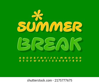 Vector seasonal poster Summer Break. Green sticker Font. Bright creative Alphabet Letters, Numbers and Symbols set