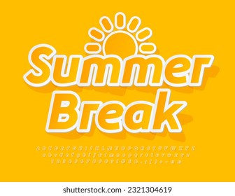Vector seasonal poster Summer Break with decorative Sun. Yellow sticker Font. Paper style Alphabet Letters, Numbers and Symbols set