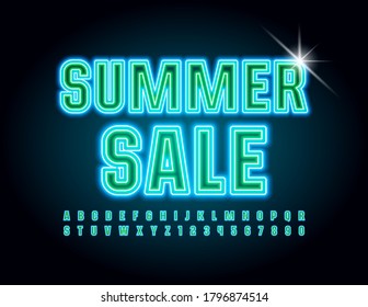 Vector seasonal promo Summer Sale. Neon bright Font. Glowing light Alphabet Letters and Numbers