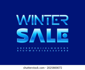 Vector seasonal promo Winter Sale. Glossy blue Font. Abstract style Alphabet Letters and Numbers set 