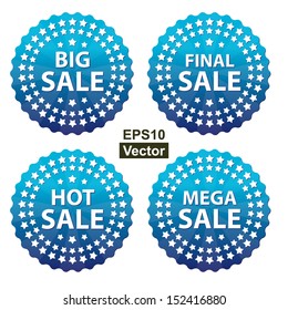 Vector : Seasonal Promotion Sale Label Set, Present By Blue Glossy Style Icon for Big Sale, Final Sale, Hot Sale and Mega Sale With Group of Little Star Around Isolated on White Background 