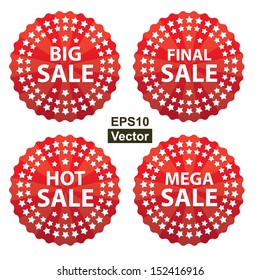 Vector : Seasonal Promotion Sale Label Set, Present By Red Glossy Style Icon for Big Sale, Final Sale, Hot Sale and Mega Sale With Group of Little Star Around Isolated on White Background 